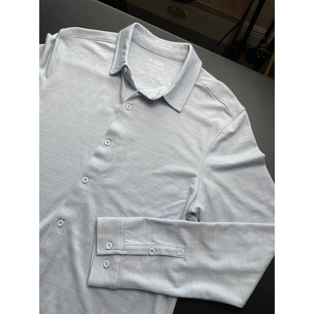 01.ALGO Performance Shirt Mens Med Light Blue Excellent Wool Blend Long Sleeve - Picture 2 of 8
